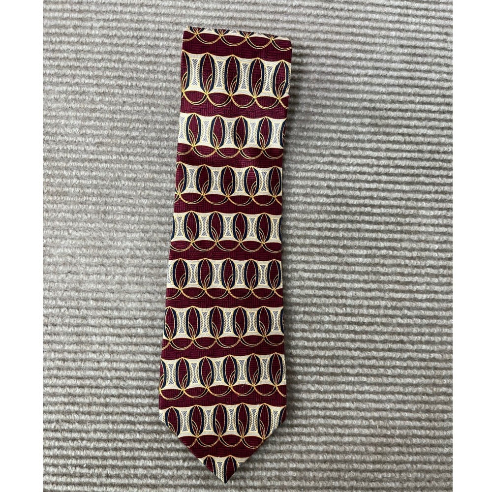 Albert Nipon Mens Silk Tie Burgundy Geometric Art Deco Pattern Made in USA
